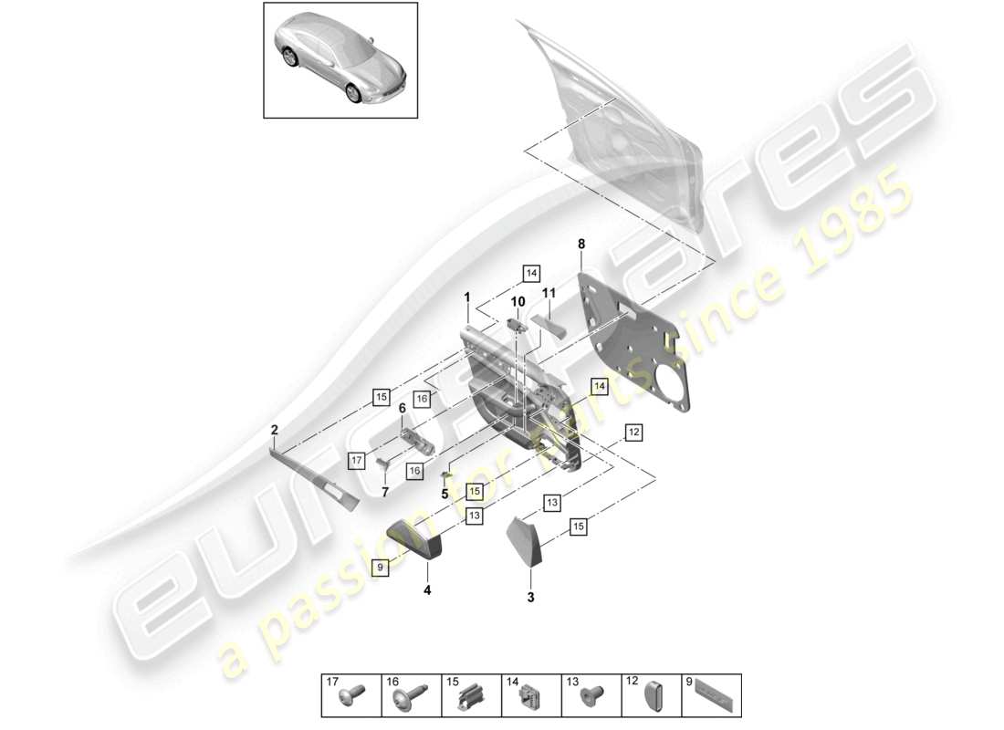 porsche 2020 (panamera 971-1) door panel front alcantara parts diagram