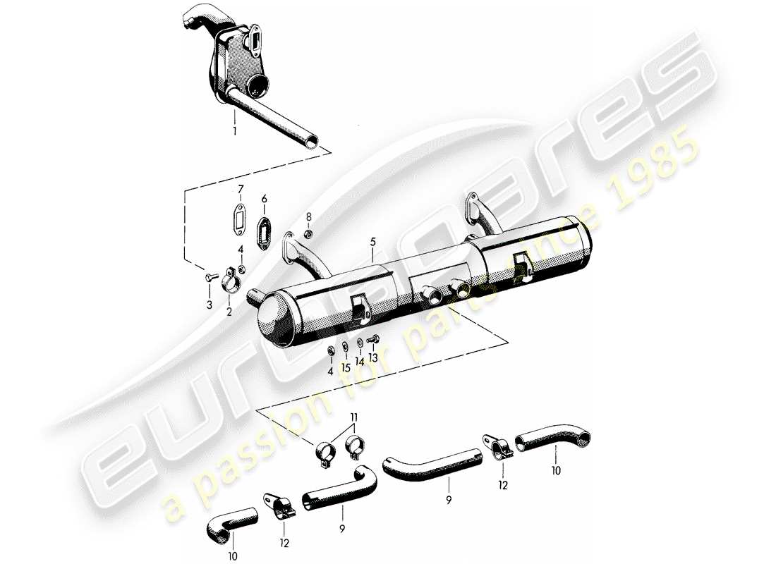 porsche 1962 (356b/356c) exhaust system - heater - old version part diagram