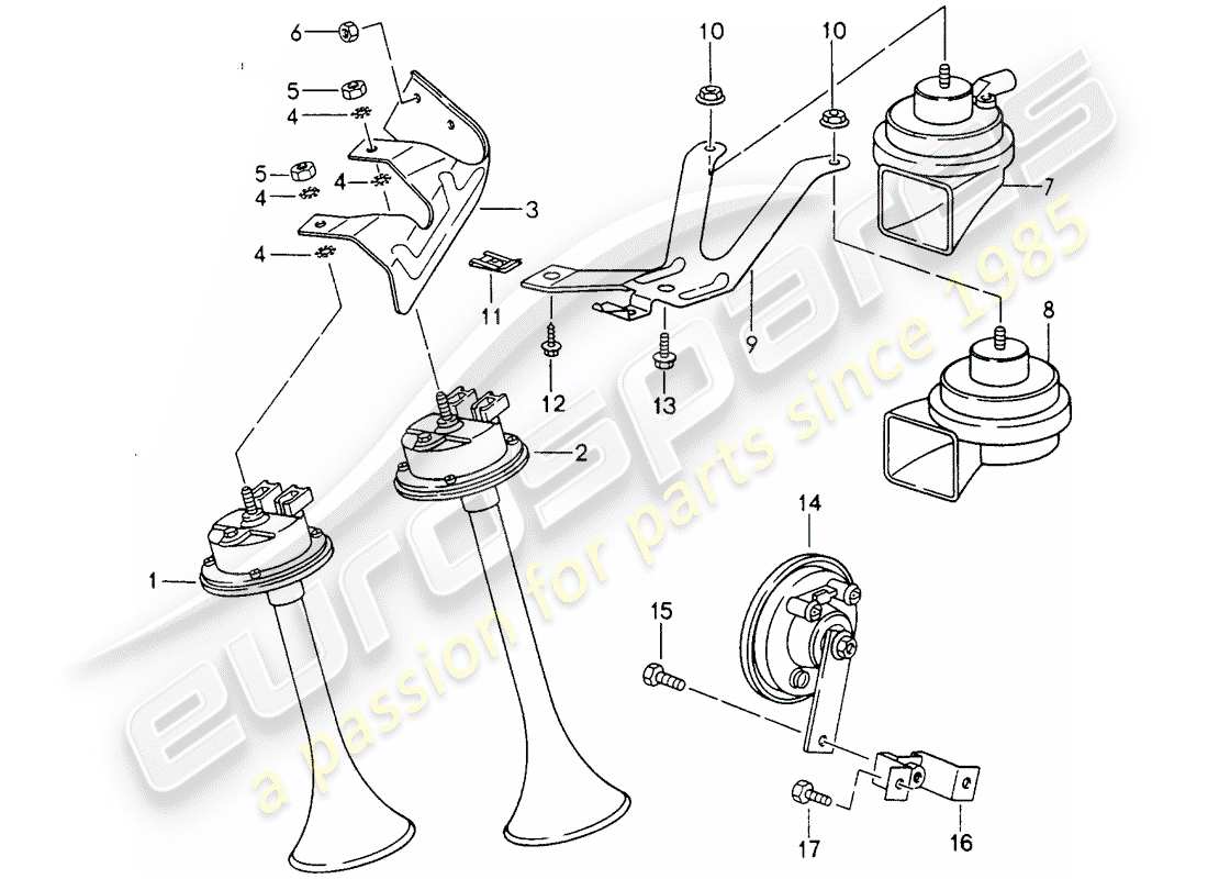 porsche 1998 (993) fanfare horn - horn parts diagram