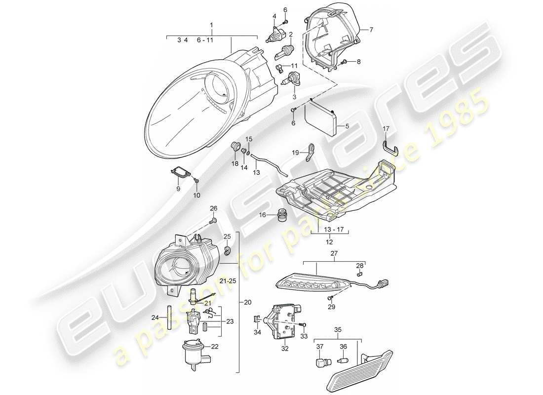 porsche 2008 (997-1 turbo / gt2) headlamp part diagram