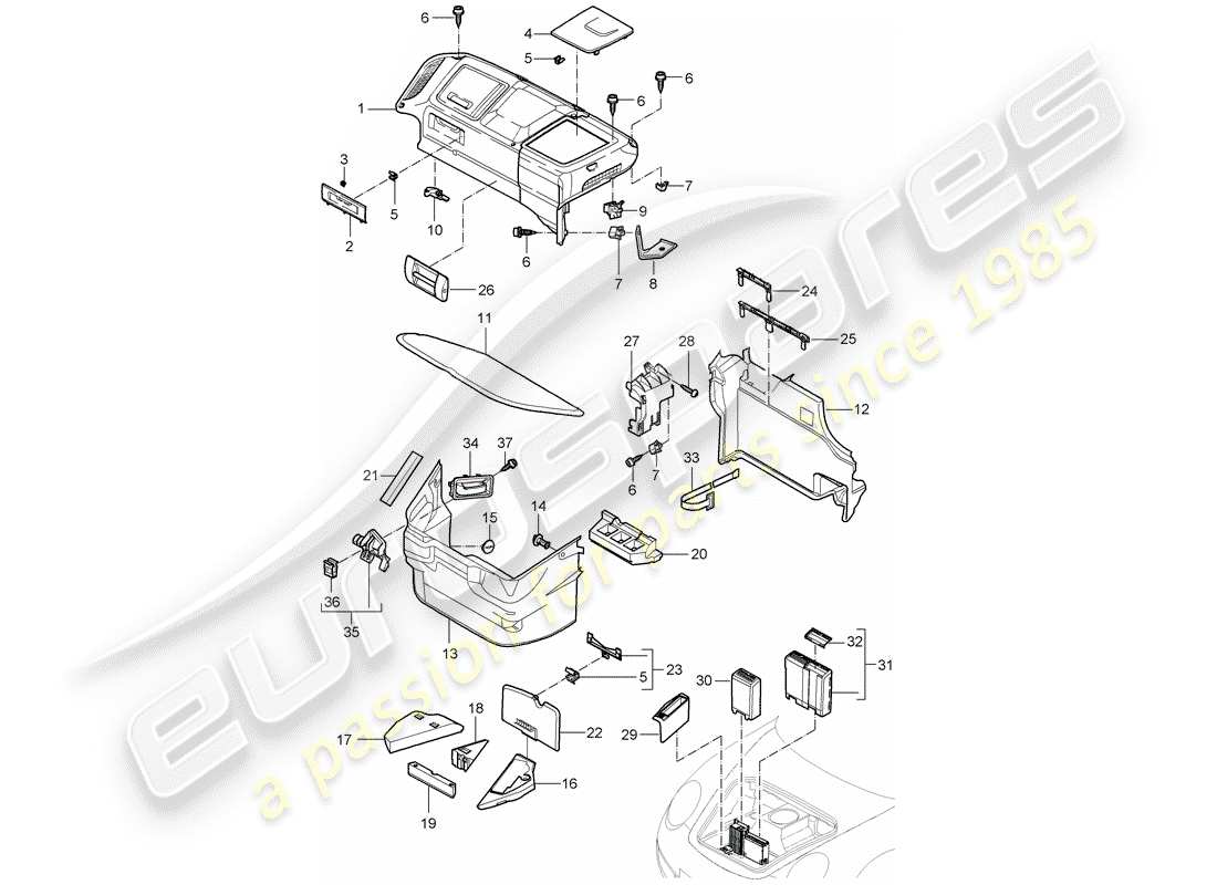 porsche 2008 (997-1 turbo / gt2) luggage compartment part diagram