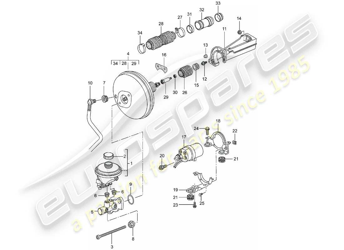 porsche 996 (2000) brake master cylinder - brake booster - clutch pump part diagram