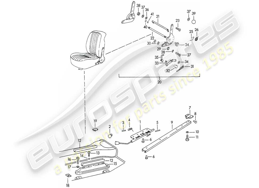 porsche 1961 (356b/356c) seat rail - and - reclining seat mechanism part diagram