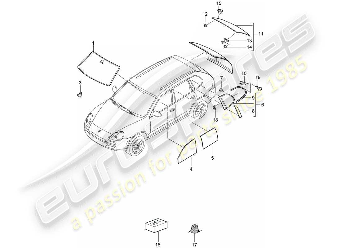 porsche 2006 (cayenne e1 9pa) windshield glass part diagram