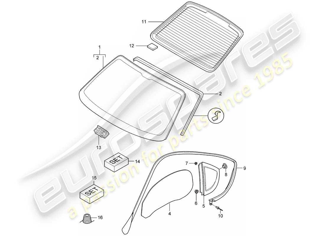porsche 2007 (987 cayman) window glazing part diagram