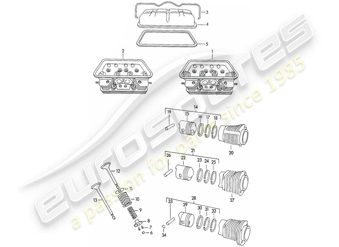 porsche 1955 (356/356a) cylinder head - cylinder with pistons - m >> 10 199 - m >> 21 780 - m >> 50 099 - m >> 21 999 - m >> 33 899 - m >> 40 999 part diagram