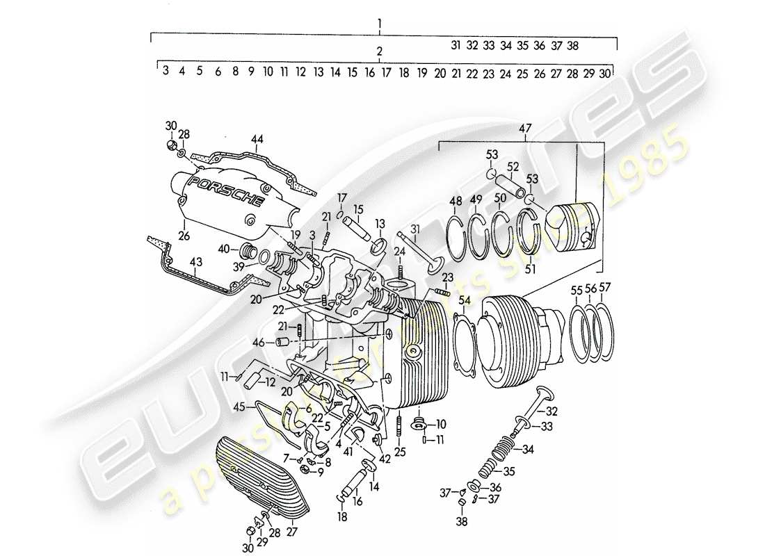 porsche 1955 (356/356a) cylinder head - cylinder with pistons - m 90 501 >> 91 000 part diagram