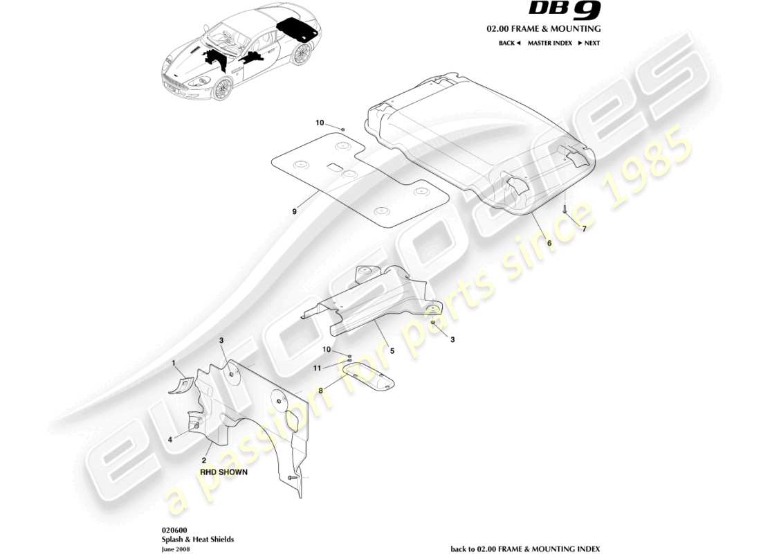 aston martin db9 (2004) splash & heat shields part diagram