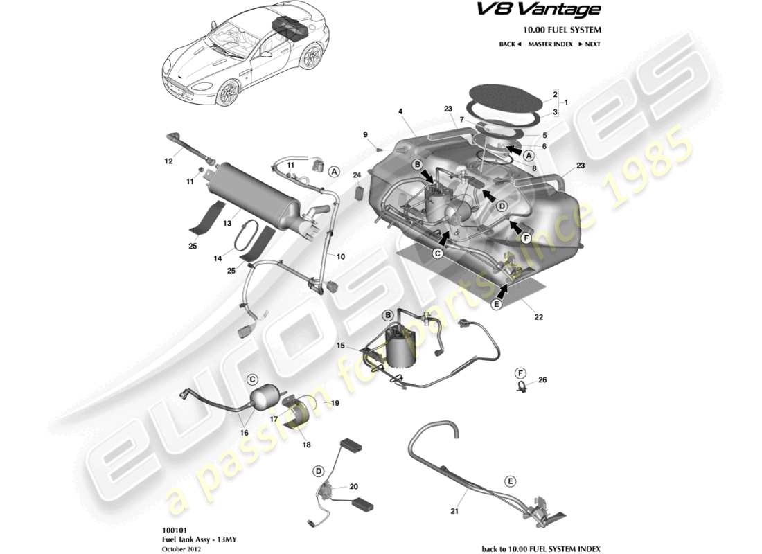 aston martin v8 vantage (2015) fuel tank assy, 13my on part diagram