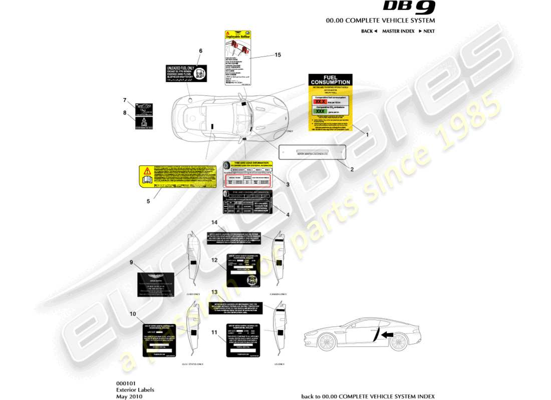 aston martin db9 (2008) exterior labels part diagram