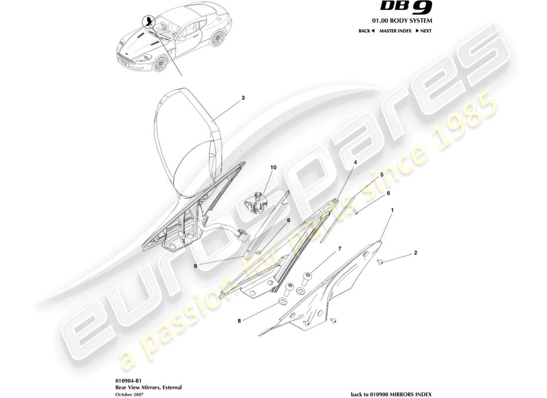 aston martin db9 (2004) exterior rear view mirrors part diagram