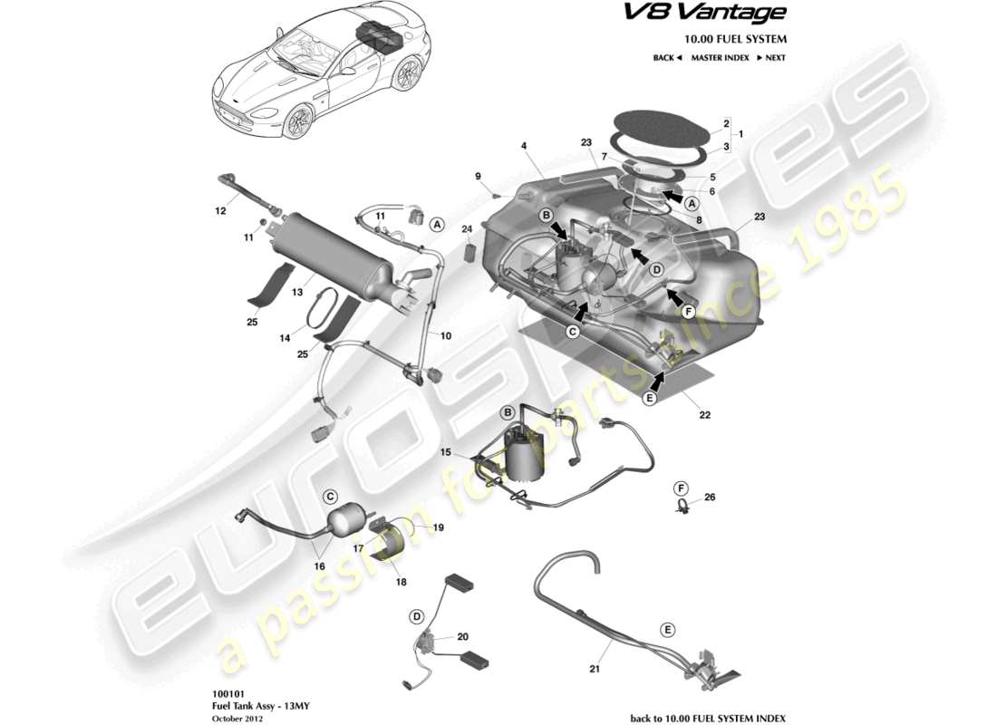 aston martin v8 vantage (2014) fuel tank assy, 13my on part diagram