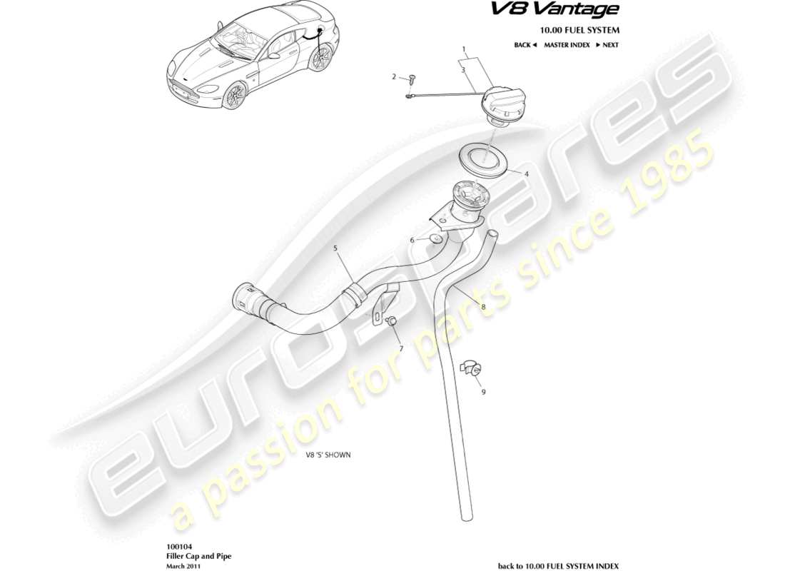 aston martin v8 vantage (2011) fuel filler cap & pipe part diagram