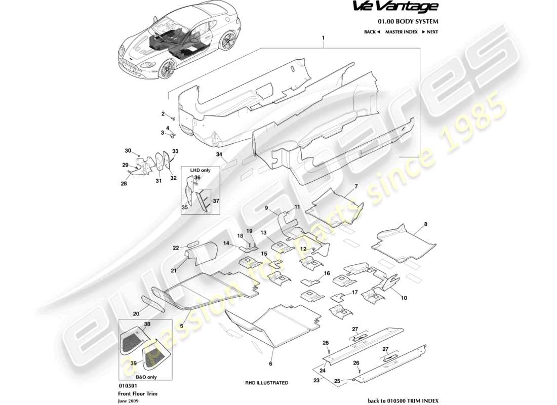 aston martin v12 vantage (2012) floor trim part diagram