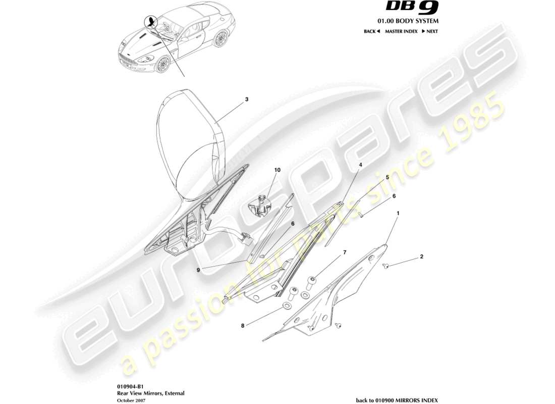aston martin db9 (2006) exterior rear view mirrors part diagram