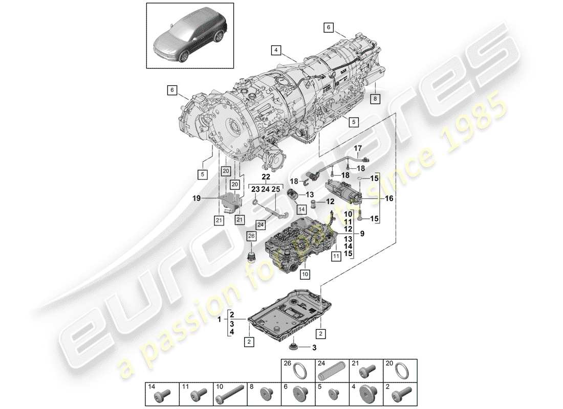 porsche 2018 (cayenne e3 9ya/9yb) 8-speed automatic gearbox part diagram