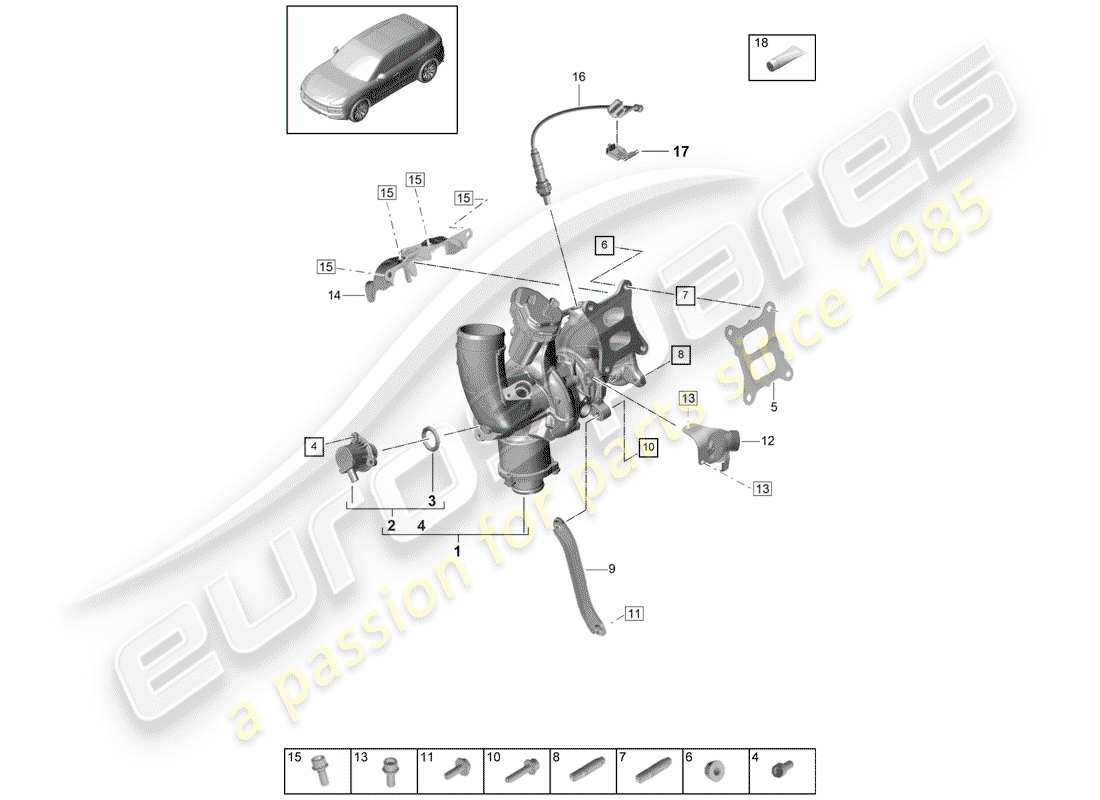porsche 2018 (cayenne e3 9ya/9yb) exhaust gas turbocharger part diagram