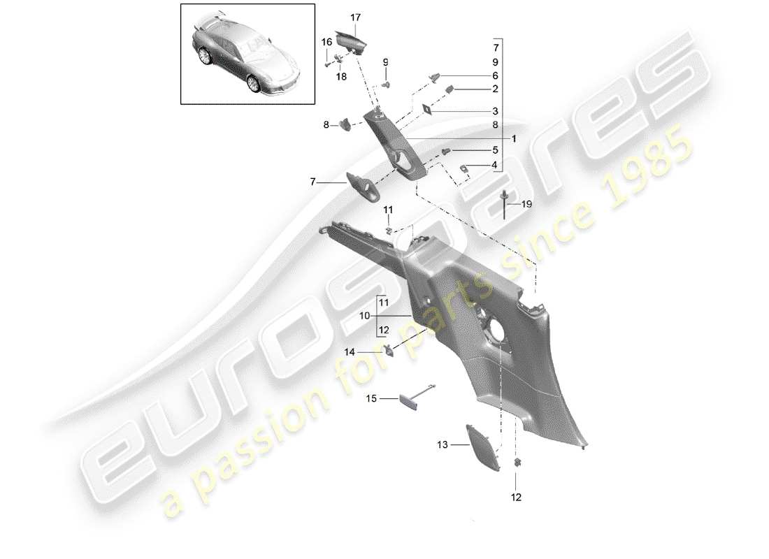porsche 2018 (991-2 r/gt3/rs) quarter trim panel part diagram