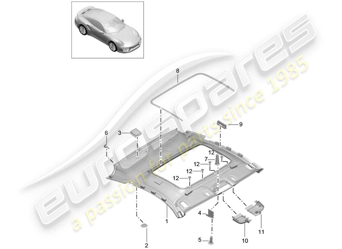 porsche 991 turbo (2014) roof trim panel parts diagram