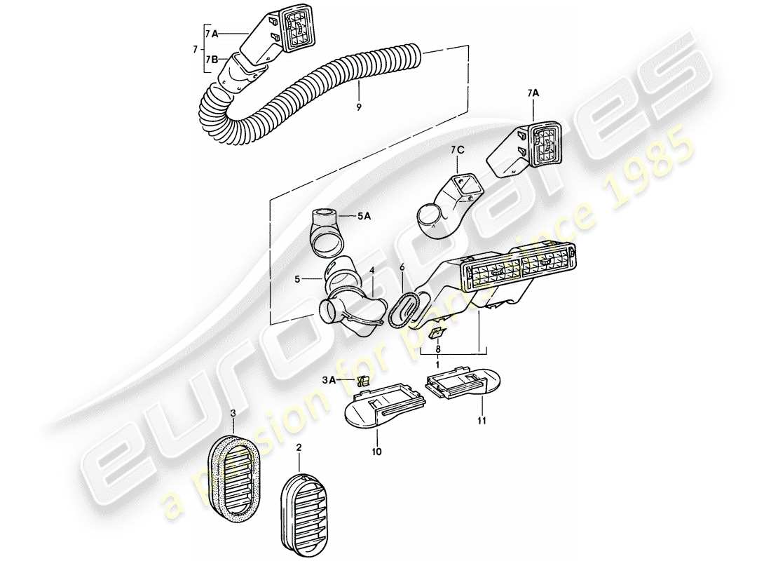 porsche 1977 (924) air vent - trim - air hose part diagram