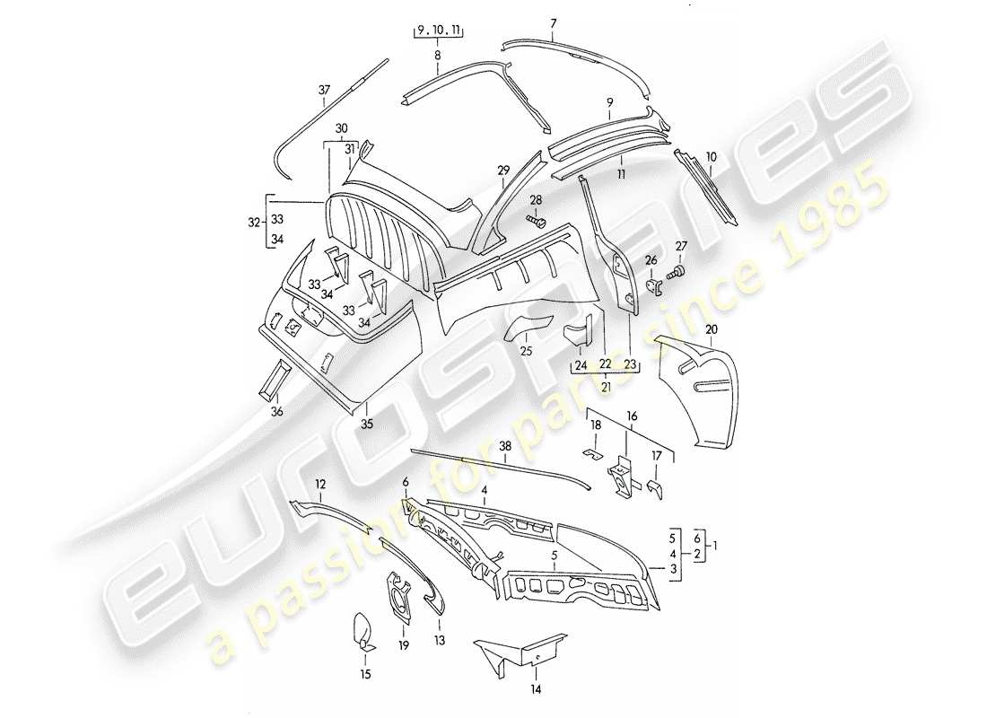 porsche 1958 (356/356a) body shell - interior panelling parts diagram