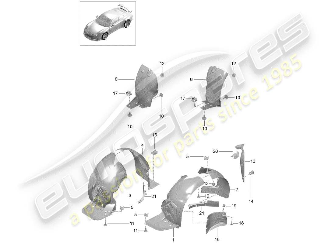 porsche 991r/gt3/rs (2014) wheelhouse protector parts diagram