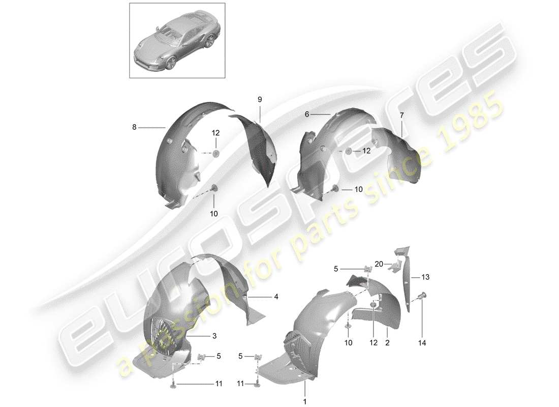 porsche 991 turbo (2014) wheelhouse protector parts diagram