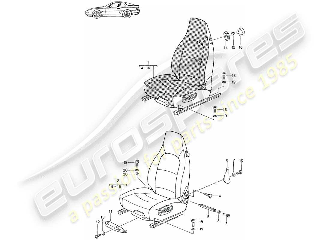 porsche seat 944/968/911/928 (1986) front seat - complete - all-electric - d - mj 1994>> - mj 1995 part diagram