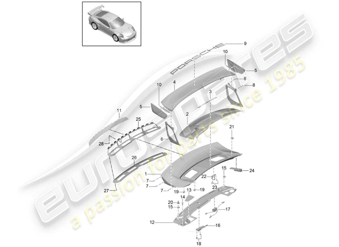 porsche 2014 (991-1 turbo) rear trunk lid part diagram