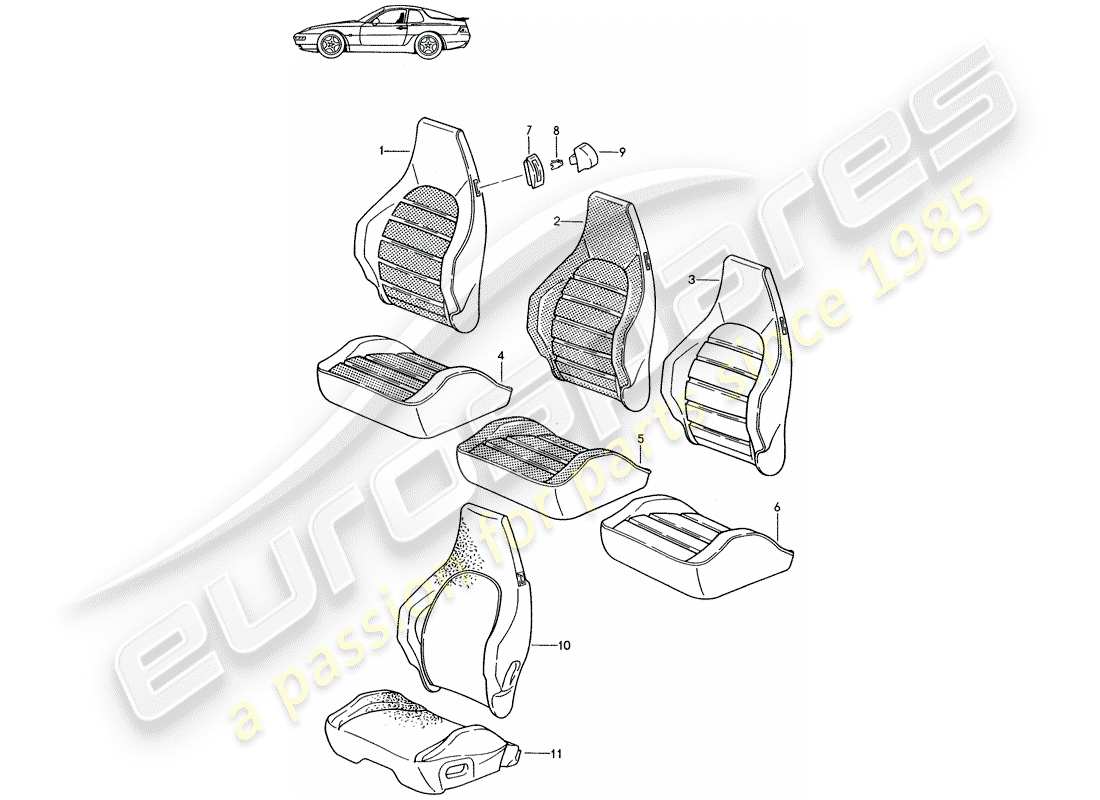 a part diagram from the porsche 1989 (seats for 944/968/911/928) parts catalogue
