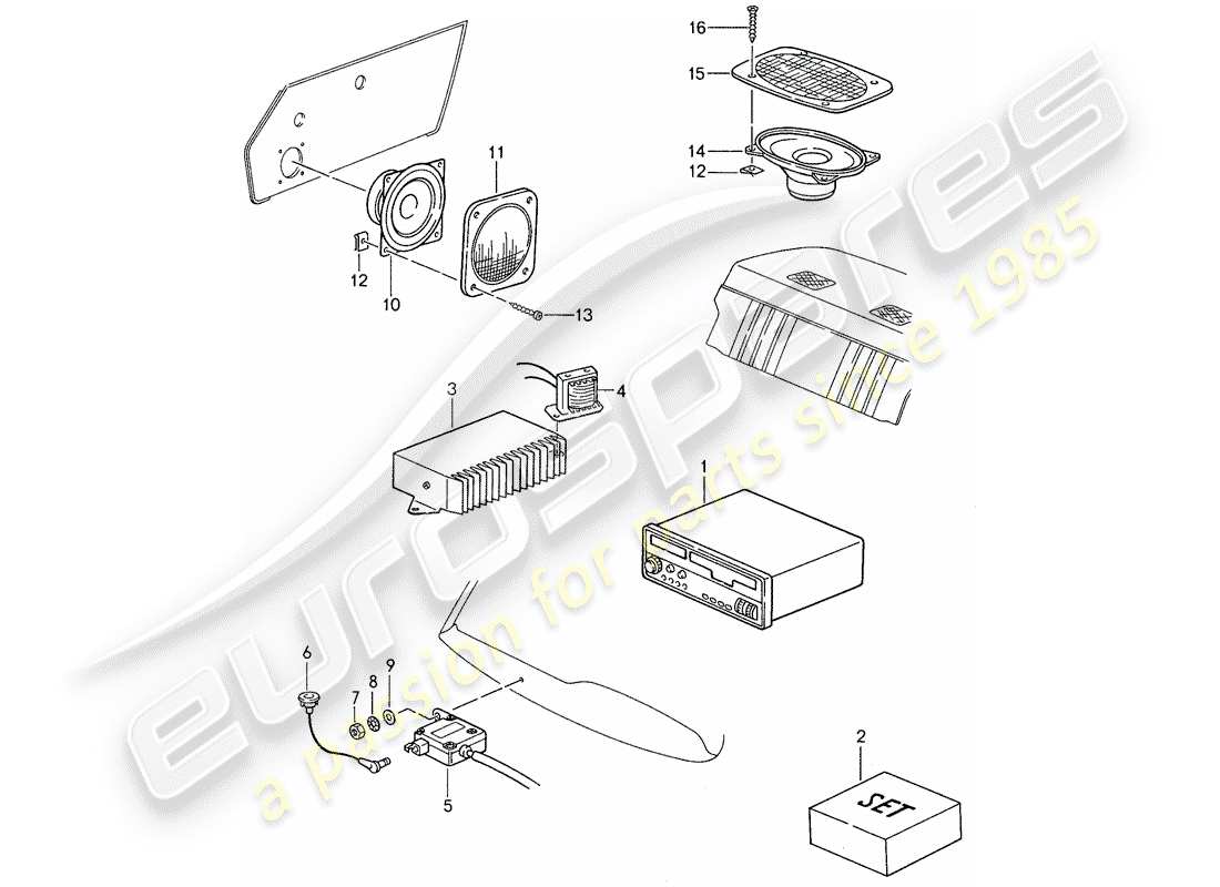 porsche 1988 (959) radio unit - loudspeaker - installation parts part diagram