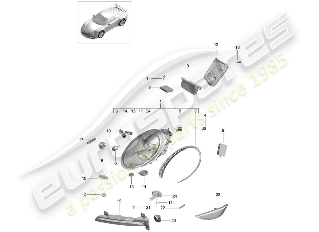 porsche 991r/gt3/rs (2018) headlamp part diagram