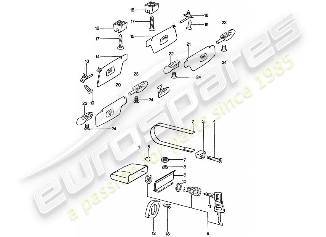 porsche 1976 (911) glove box - sun vizor part diagram