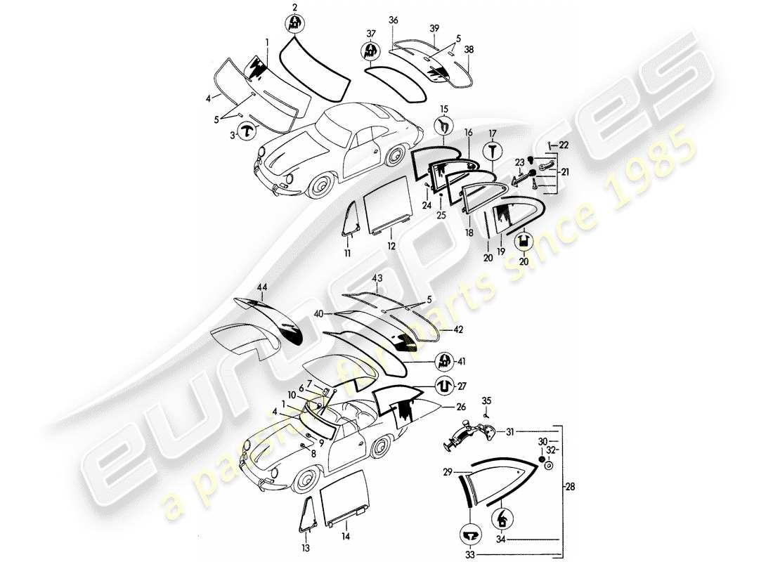 porsche 1962 (356b/356c) window glazing part diagram