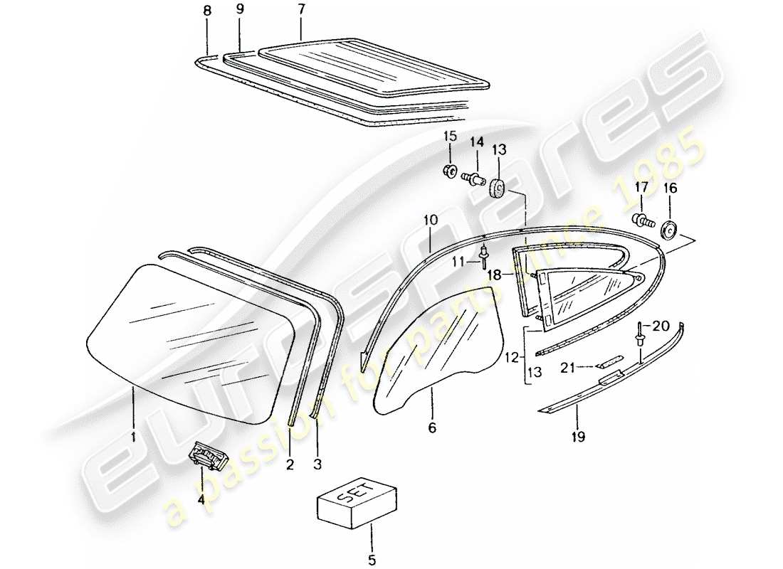 porsche 2004 (996 turbo / gt2) window glasses part diagram