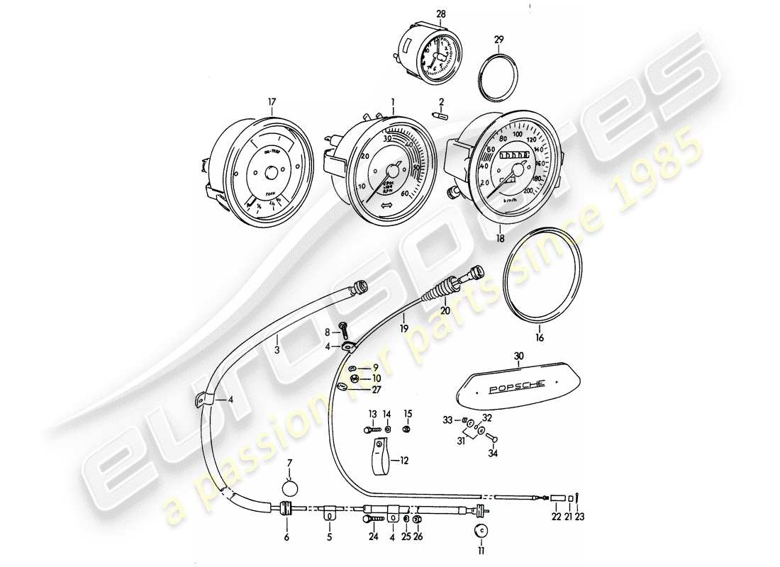 porsche 1964 (356b/356c) instruments - mechanical part diagram