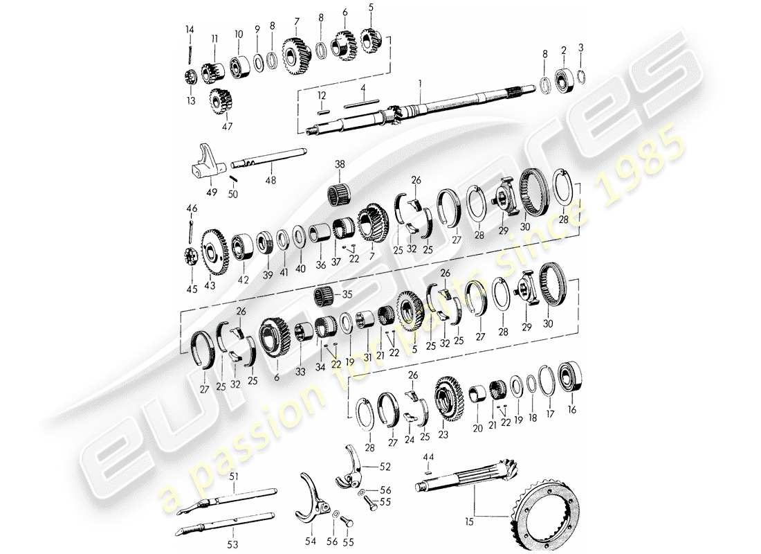 porsche 356/356a (1954) gears and shafts - for - transmission part diagram