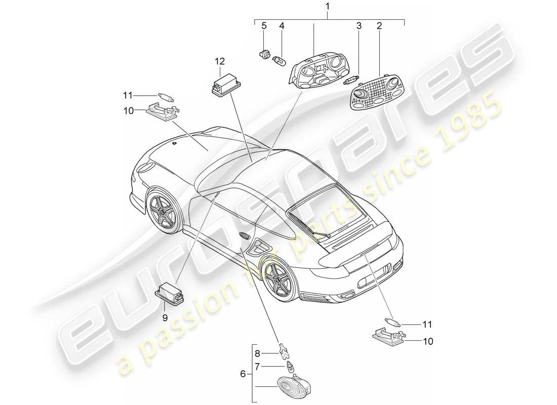 porsche 2007 (997-1 turbo / gt2) interior lights part diagram