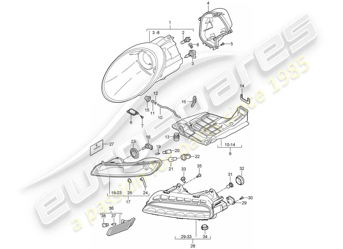 porsche 2008 (997-1 gt3) headlamp part diagram