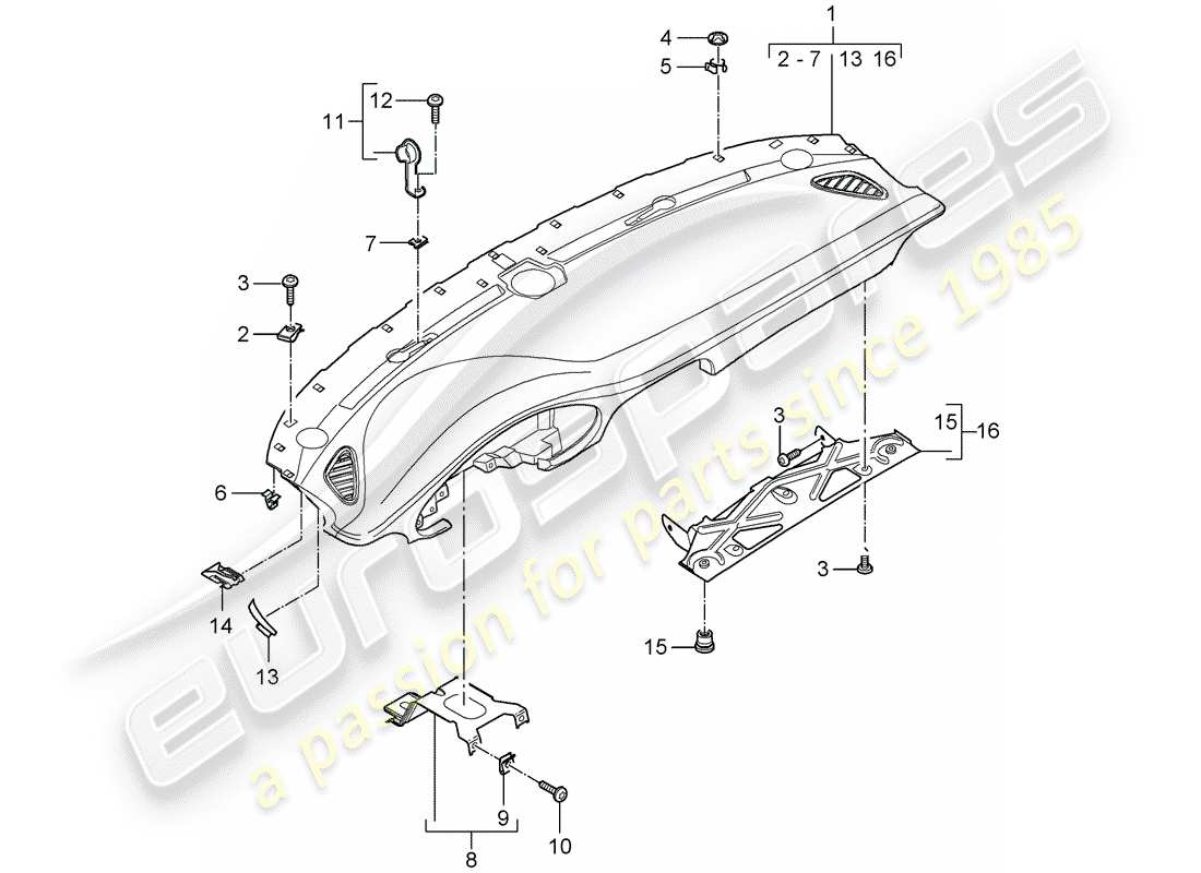 porsche 997 gt3 (2007) dash panel trim part diagram