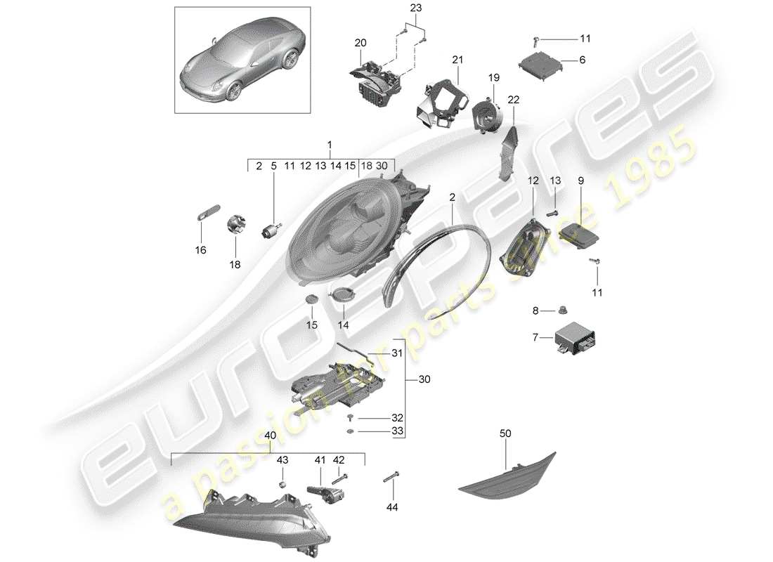 porsche 991 (2013) headlamp part diagram