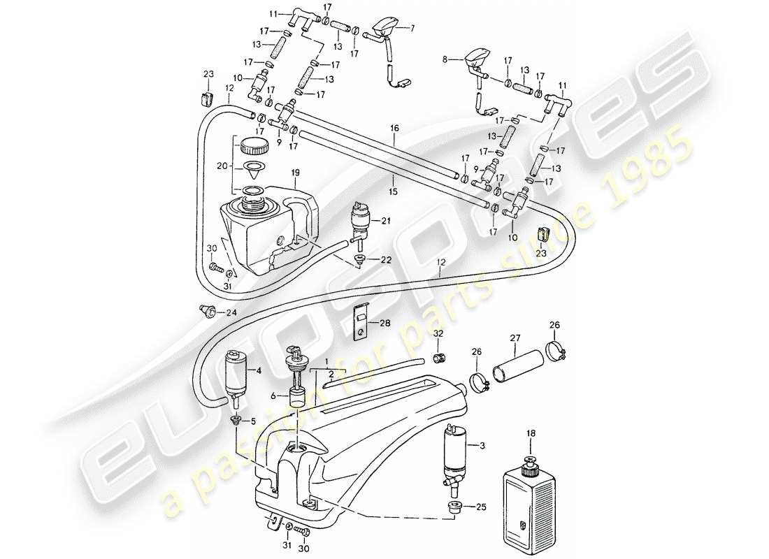 porsche 1989 (964) windshield washer unit parts diagram