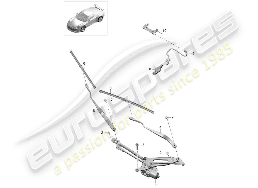 porsche 991r/gt3/rs (2015) windshield wiper system compl. parts diagram