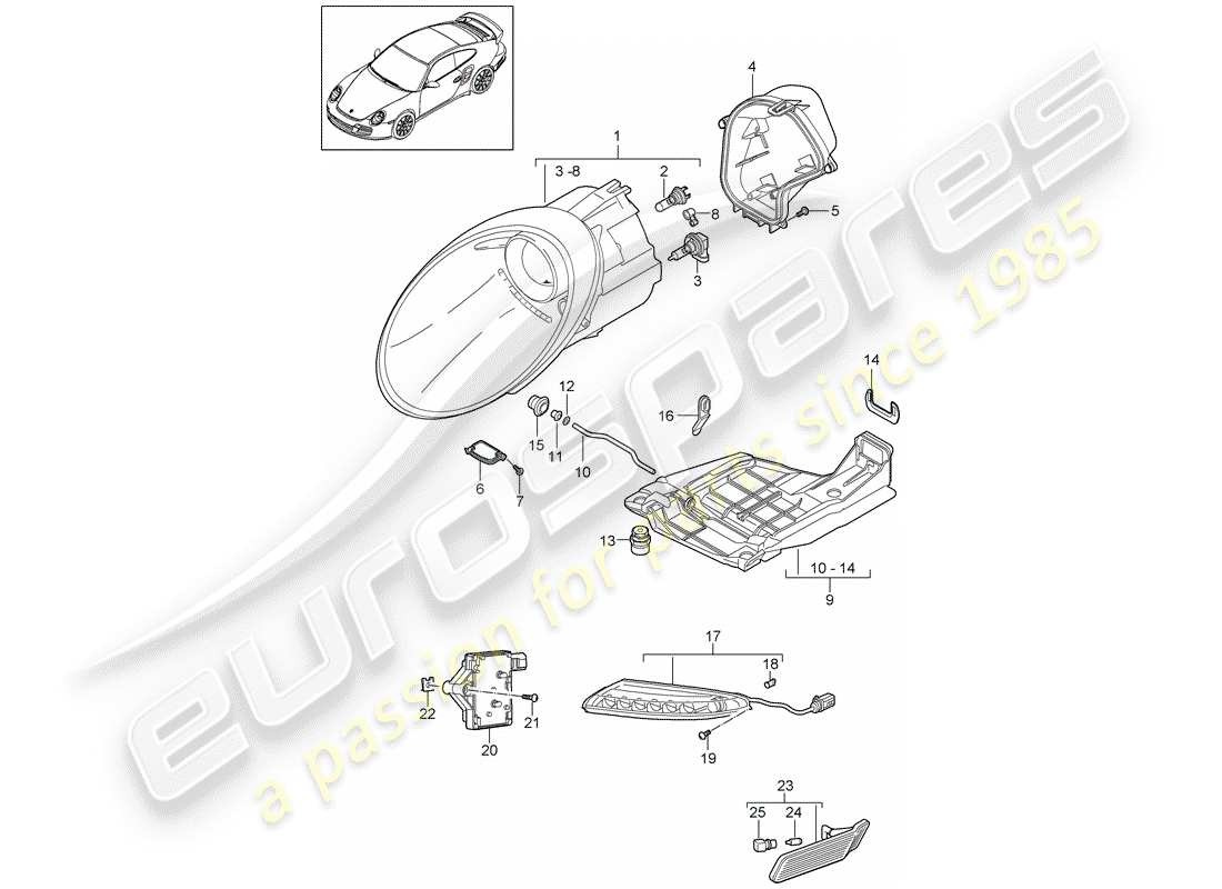 porsche 911 t/gt2rs (2012) headlamp part diagram