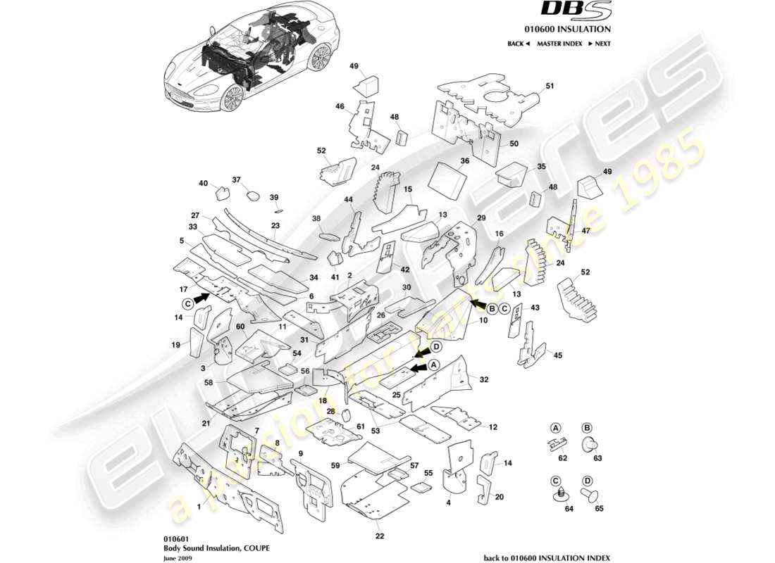 aston martin dbs (2010) body insulation, coupe part diagram