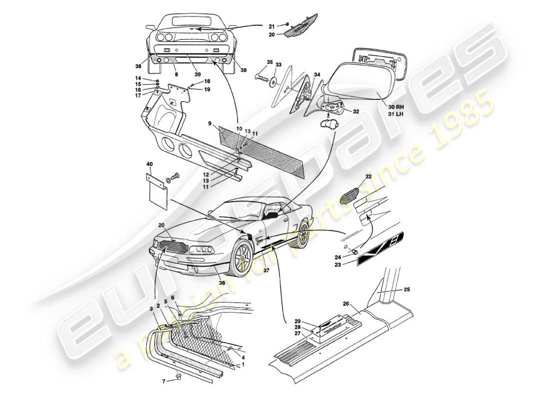 aston martin v8 volante (1998) body fittings parts diagram