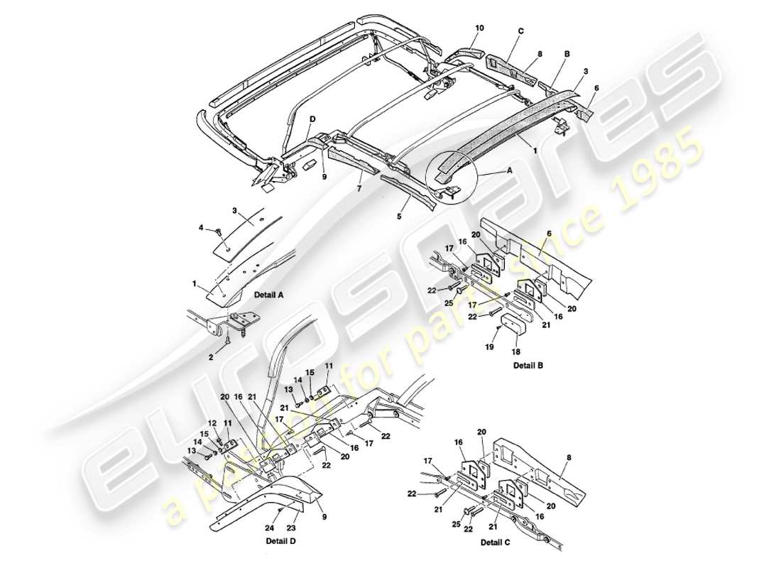 aston martin v8 volante (1998) hood frame woods parts diagram