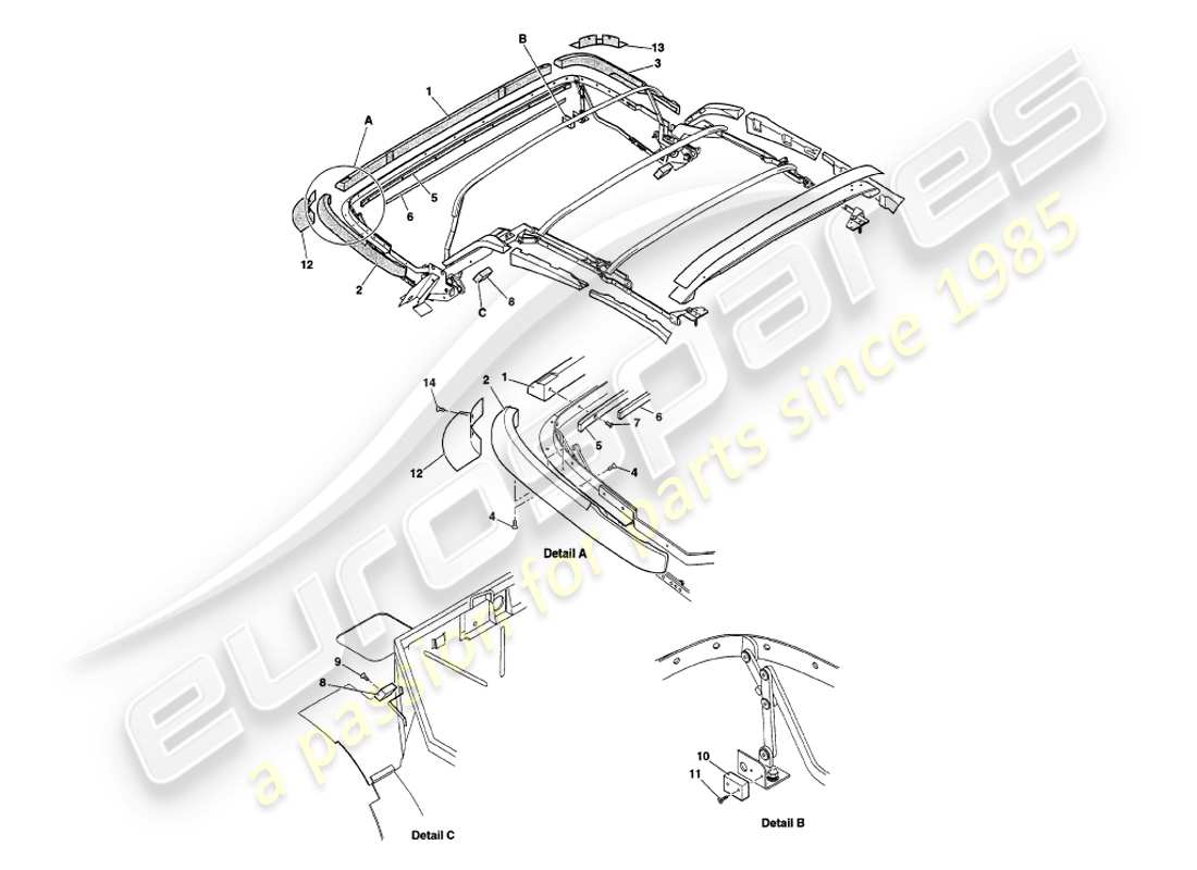 aston martin v8 volante (1998) hood frame woods parts diagram