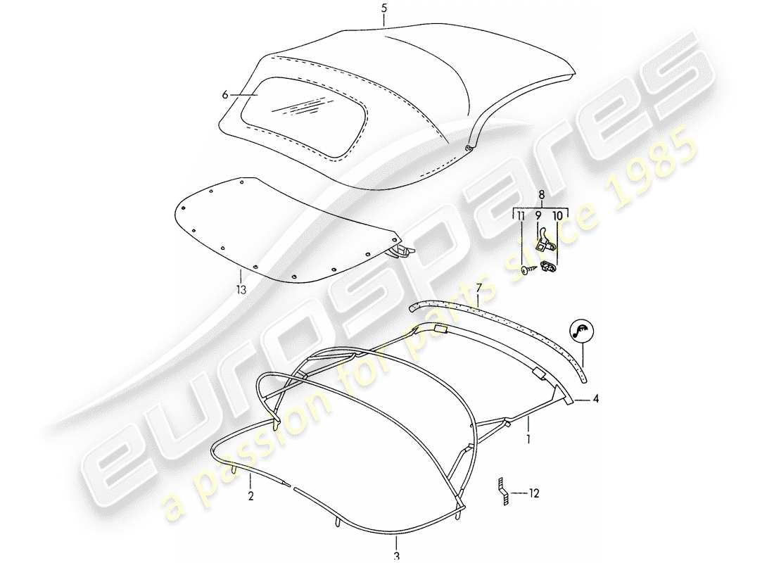 porsche 1958 (356/356a) convertible top - convertible top covering parts diagram