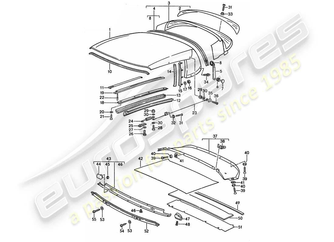 porsche 911 (1989) convertible top covering - seal strip - single parts part diagram
